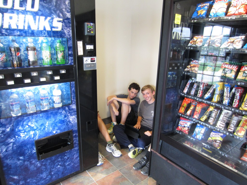 Private time in the corner in the vending machine room.